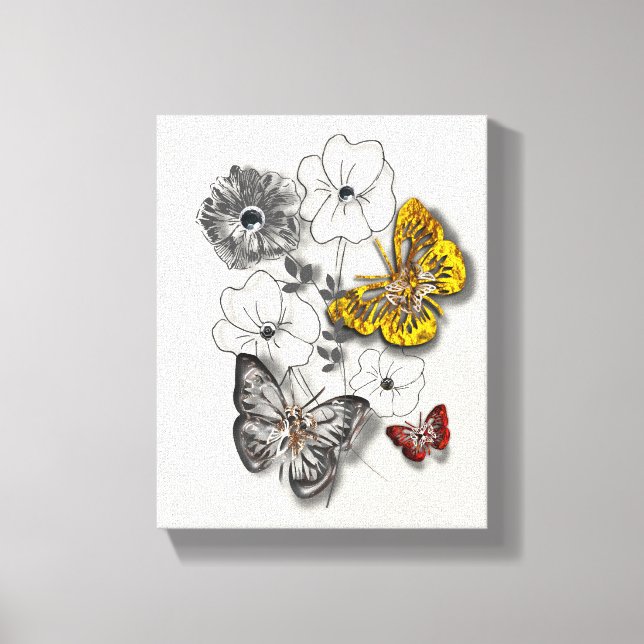 Butterflies Flowers Red Gold Gray Minimalist Style Canvas Print (Front)