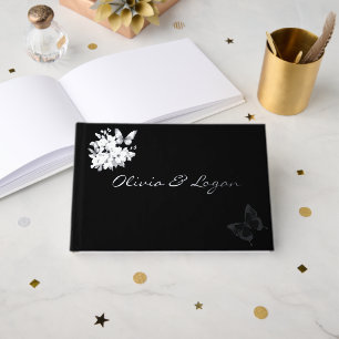 Butterflies & Flowers Silver Foil Black Wedding Guest Book