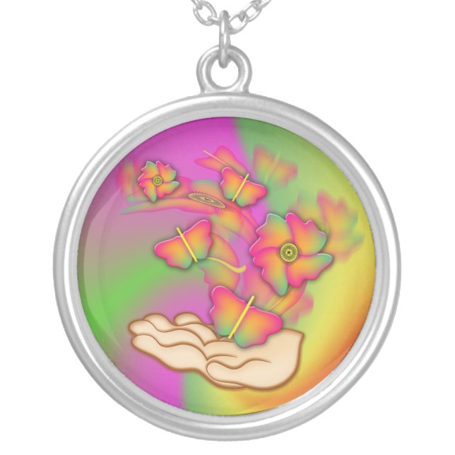 Butterflies & Flowers Silver Plated Necklace (Front)