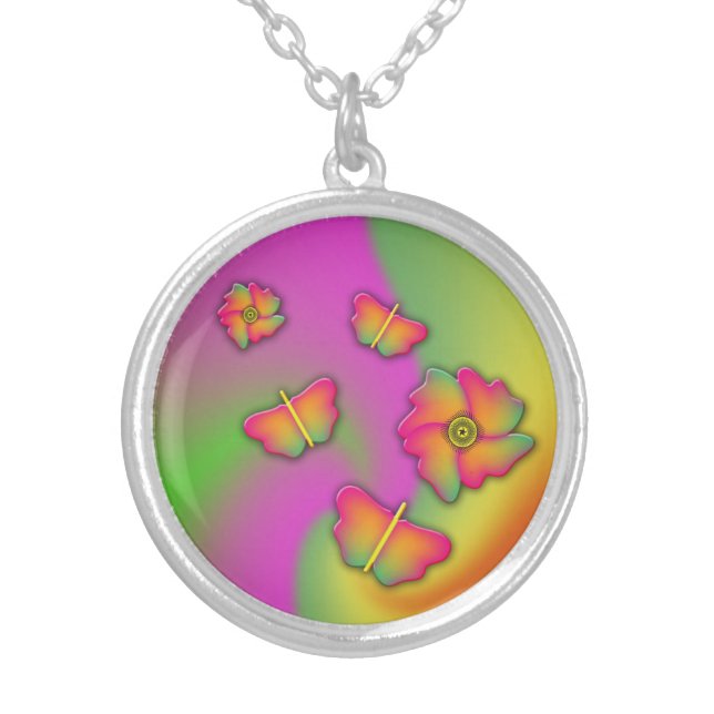 Butterflies & Flowers Silver Plated Necklace (Front)