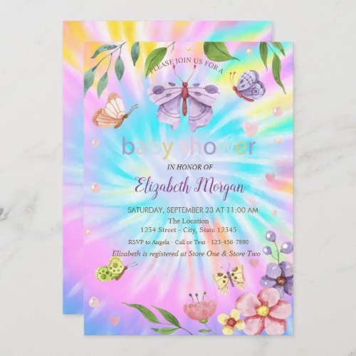  Butterflies Flowers Tie Dye Baby Shower  Invitation