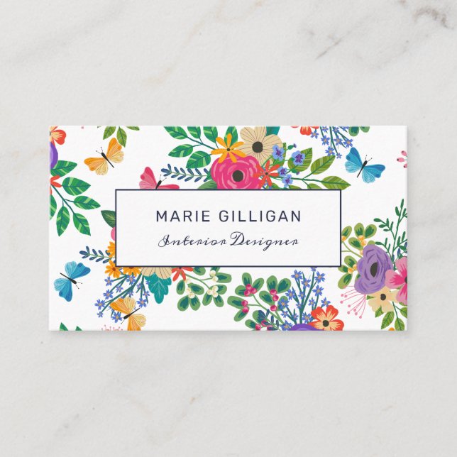 Butterflies & Flowers Vibrant Floral Pattern Business Card (Front)