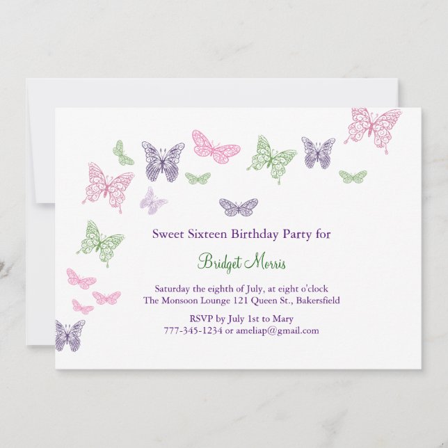 Butterflies Fluttering Sweet Sixteen Invitation (Front)