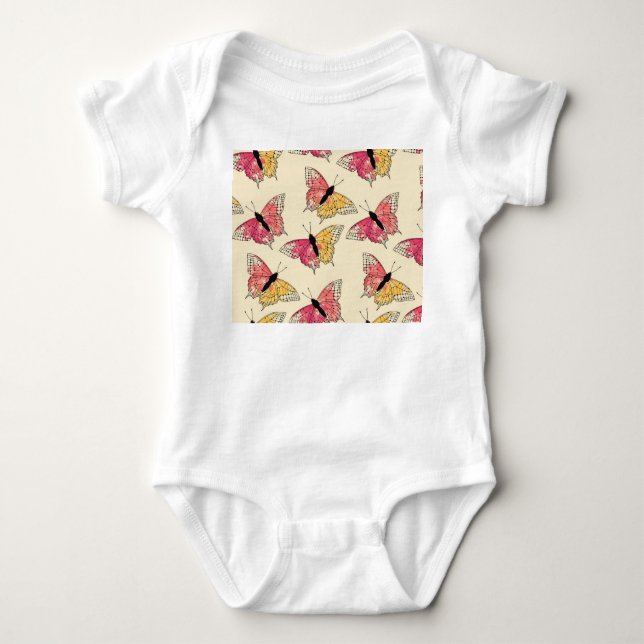 Butterflies flying: seamless ivory pattern baby bodysuit (Front)