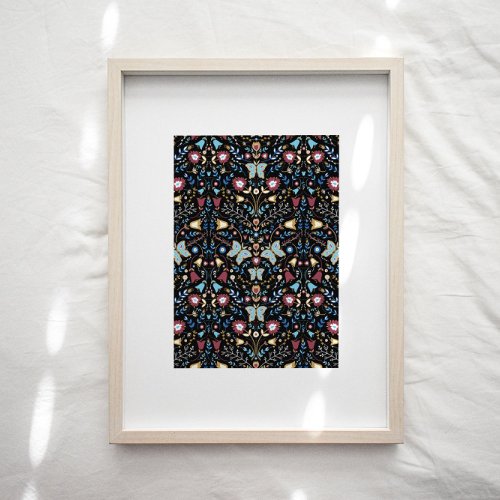 Butterflies Folk Art Floral Pattern Poster