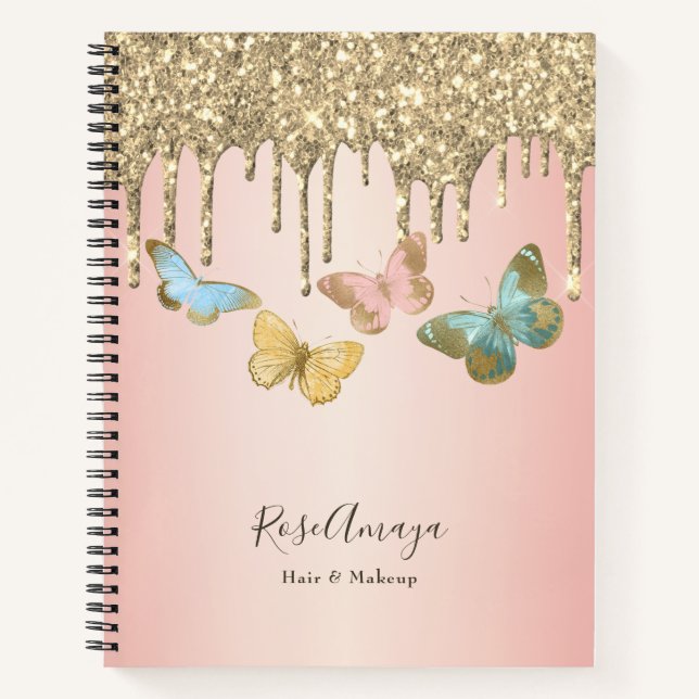 Butterflies Girly Glitter Drips Personalized Notebook (Front)