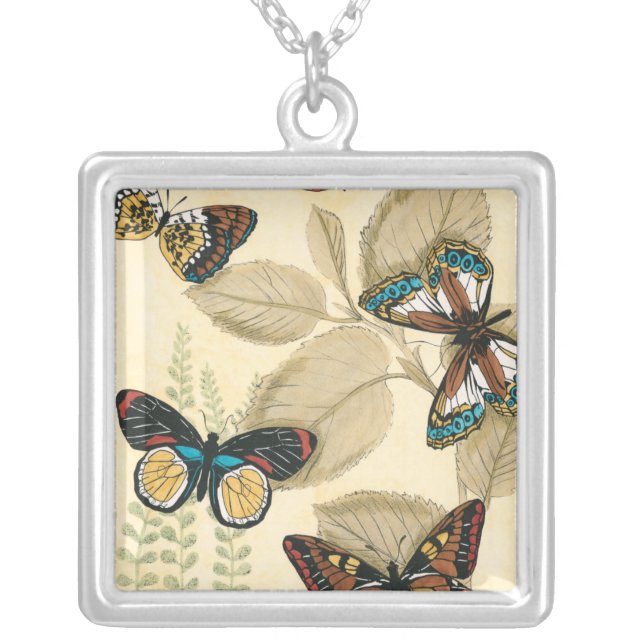 Butterflies Gliding Over Leaves Silver Plated Necklace (Front)