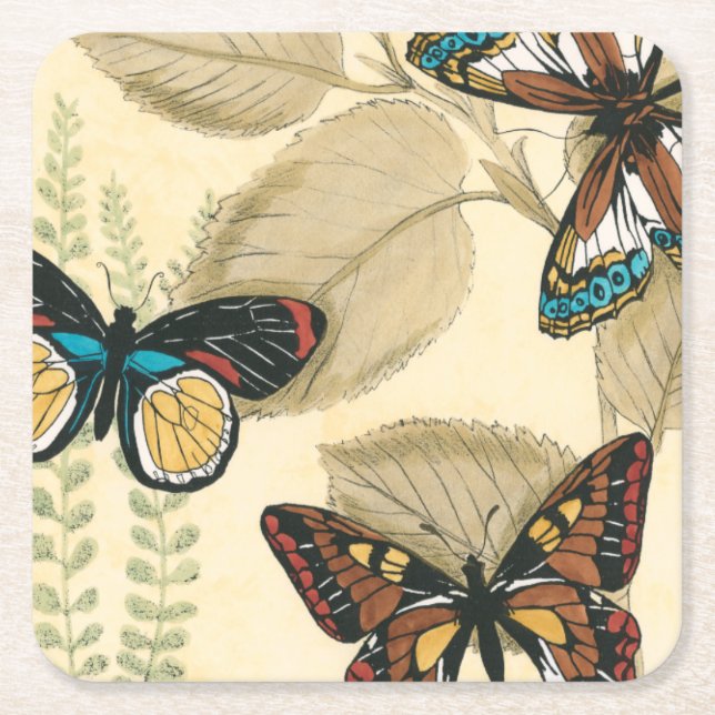 Butterflies Gliding Over Leaves Square Paper Coaster (Front)