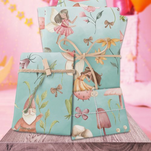 Butterflies Gnomes  Winged Fairies Garden Green Wrapping Paper Sheets
