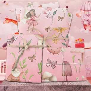 Butterflies Gnomes & Winged Fairies Garden Pink Wrapping Paper Sheets