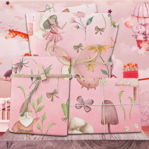 Butterflies Gnomes  Winged Fairies Garden Pink Wrapping Paper Sheets