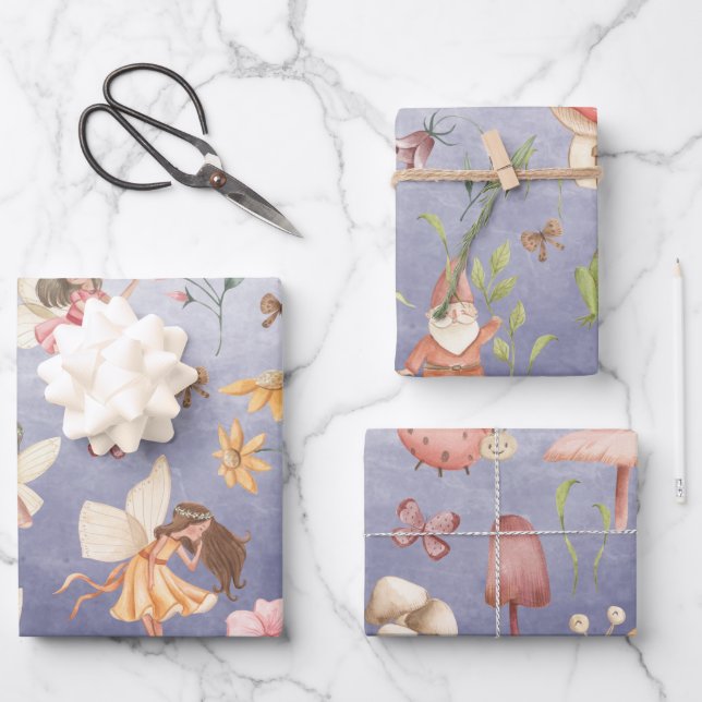 Butterflies Gnomes & Winged Fairies Garden Purple Wrapping Paper Sheets (Front)