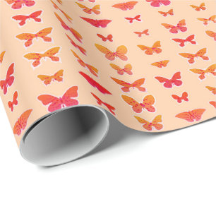 Butterflies, gold, coral, soft orange background wrapping paper