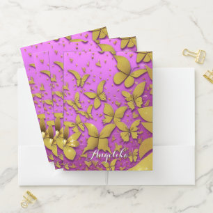 Butterflies Gold Glitters Pink Background Pocket Folder