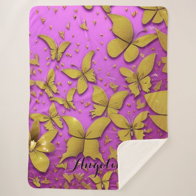 Butterflies Gold Glitters Pink Background Sherpa Blanket (Front)