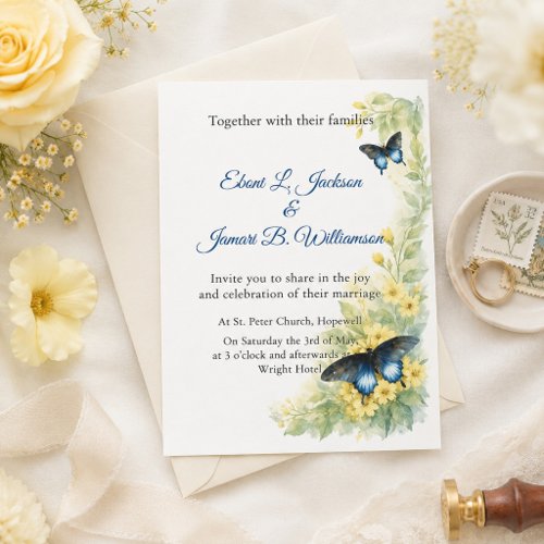 Butterflies & Golden Blooms Watercolor Wedding Invitation
