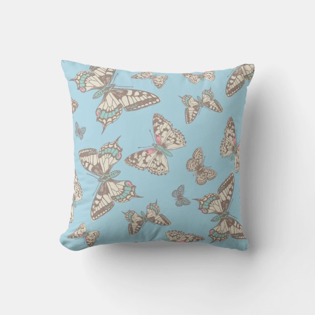 Butterflies graphic pattern blue brown pillow (Front)