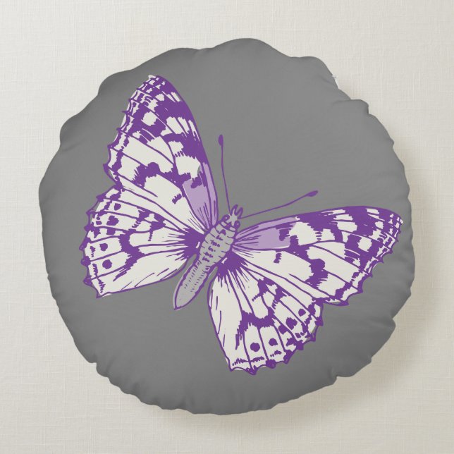 Butterflies grey purple round throw pillow (Back)