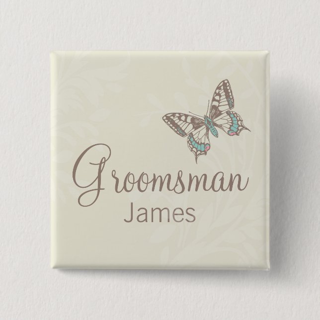 Butterflies Groomsman cream wedding pin / button (Front)
