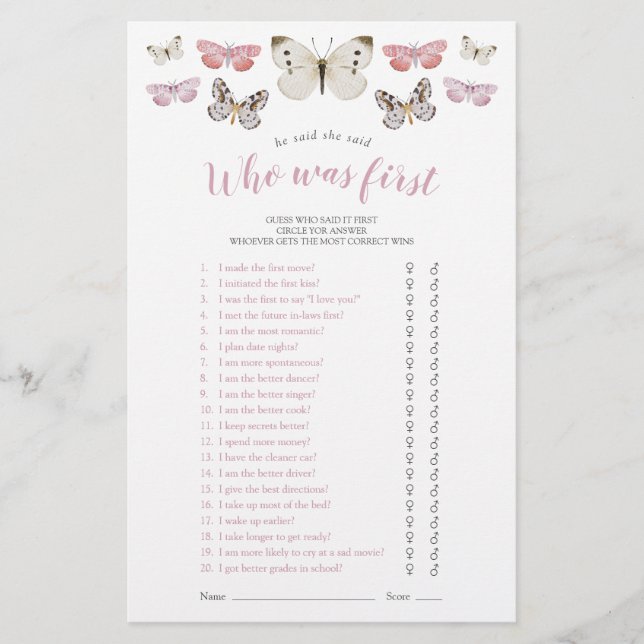 Butterflies He Said She Said Pink Shower Game (Front)