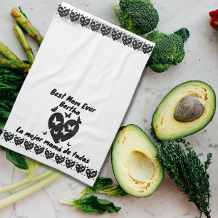 Butterflies & Heart Custom Name, Bilingual White Kitchen Towel