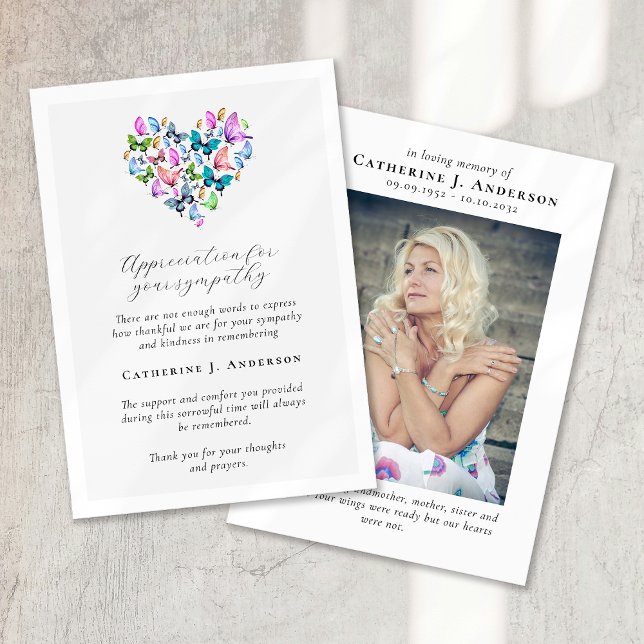 Butterflies Heart Photo Sympathy Funeral Memorial Thank You Card (Creator Uploaded)