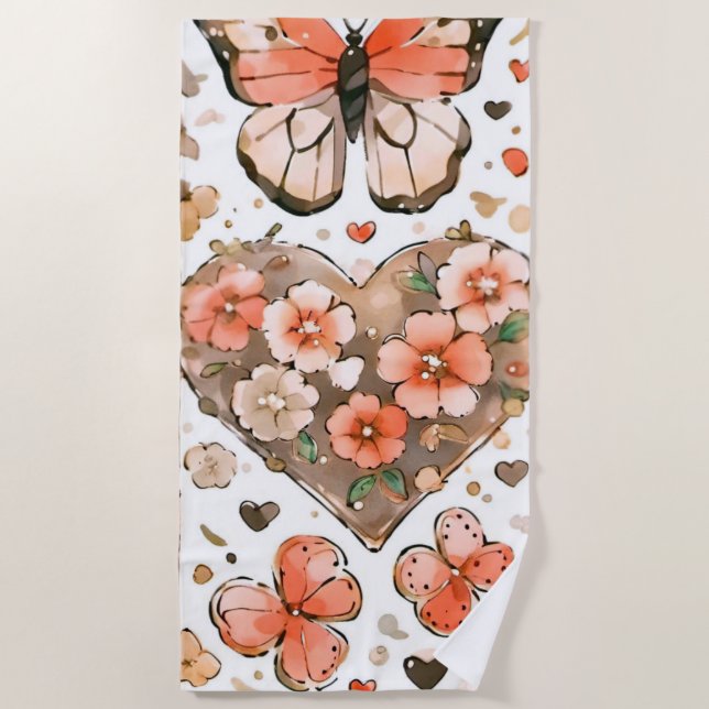 Butterflies, Hearts and Flowers Beach Towel (Front)
