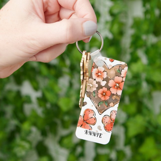 Butterflies, Hearts and Flowers Custom Name Keychain (Hand)