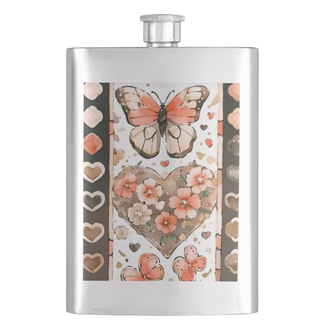 Butterflies, Hearts and Flowers Flask (Front)