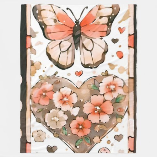 Butterflies Hearts and Flowers Fleece Blanket