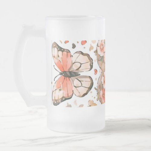 Butterflies Hearts and Flowers Frosted Glass Beer Mug