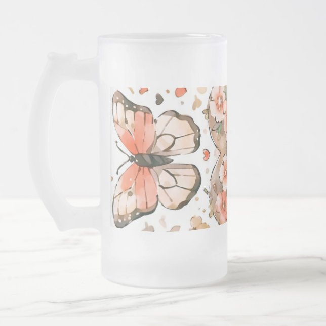Butterflies, Hearts and Flowers Frosted Glass Beer Mug (Left)