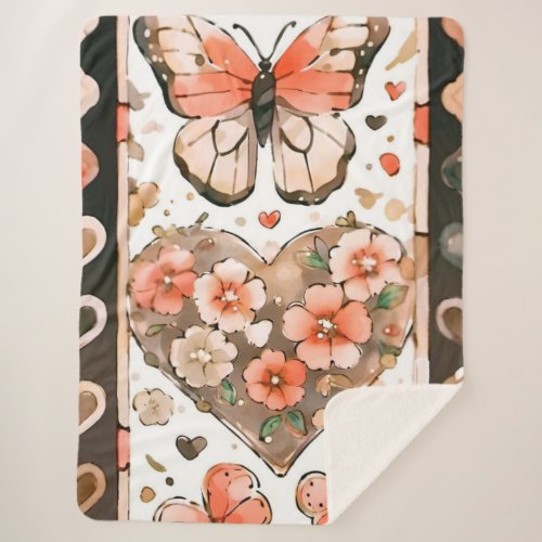 Butterflies Hearts and Flowers Sherpa Blanket