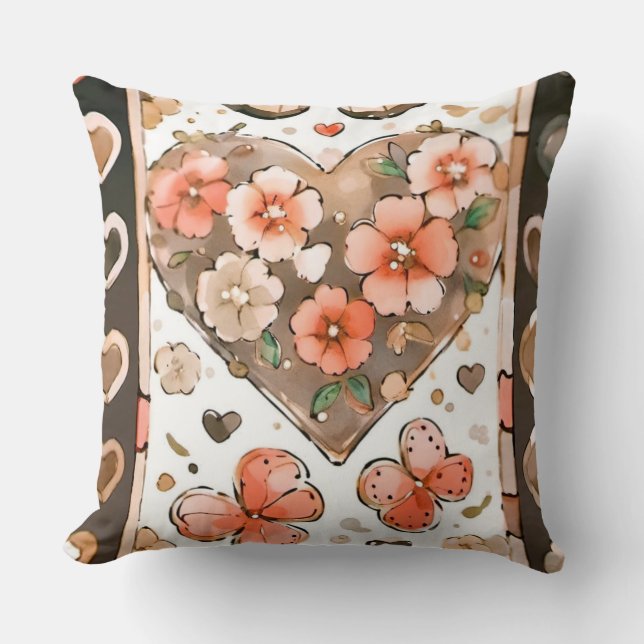 Butterflies, Hearts and Flowers Throw Pillow (Front)