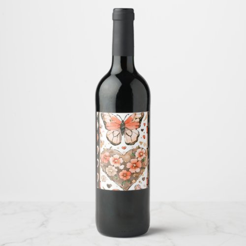 Butterflies Hearts and Flowers Wine Label