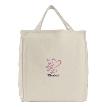 Butterflies Hearts Cute Personalized Embroidered Tote Bag