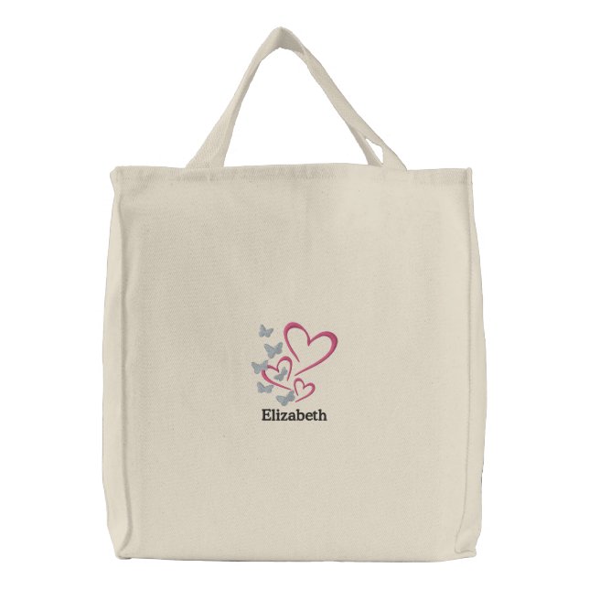 Butterflies Hearts Cute Personalized Embroidered Tote Bag (Front)