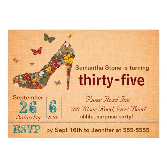 Butterflies High Heel 35th Birthday Invite | This fun butterfly and flower high heel birthday card will