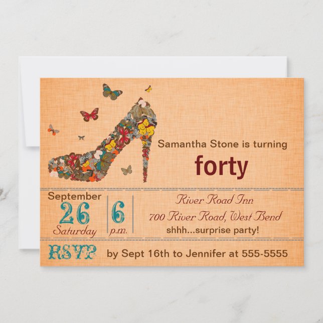 Butterflies High Heel 40th Birthday Invite (Front)
