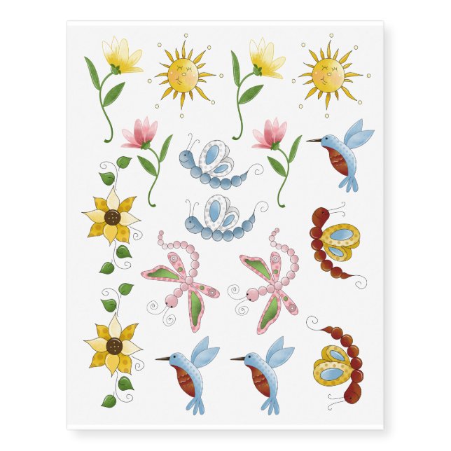 Butterflies Hummingbird Flowers Themed Cartoon Set Temporary Tattoos (Front)