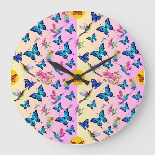 Butterflies Hummingbirds and Blooming flowers Large Clock