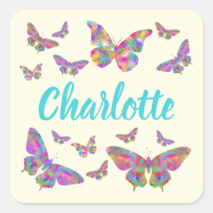 Butterflies Illustration Colorful Artsy Girls Name Square Sticker