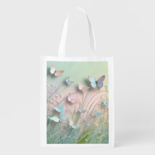 Butterflies in a grassy field grocery bag