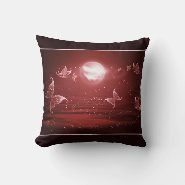 Butterflies in Crimson Moonlight Throw Pillow (Front)