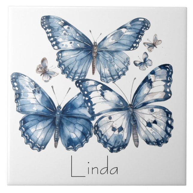 Butterflies in Delft Blue, customizable Ceramic Tile (Front)