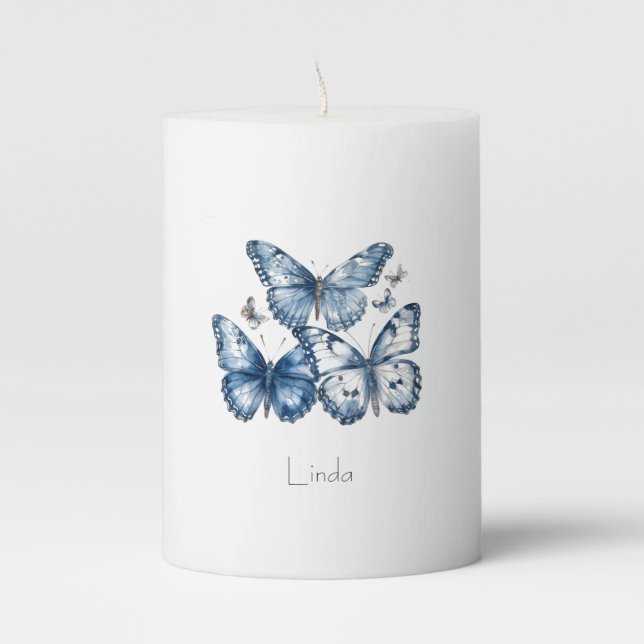 Butterflies in Delft Blue, customizable Pillar Candle (Front)