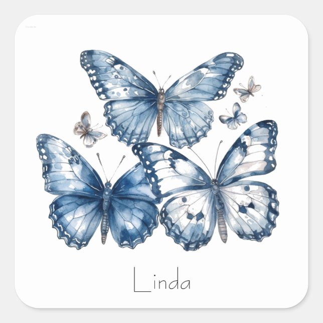Butterflies in Delft Blue, customizable  Square Sticker (Front)