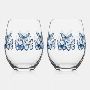 Butterflies in Delft Blue, customizable Stemless Wine Glass