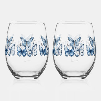 Butterflies in Delft Blue, customizable Stemless Wine Glass