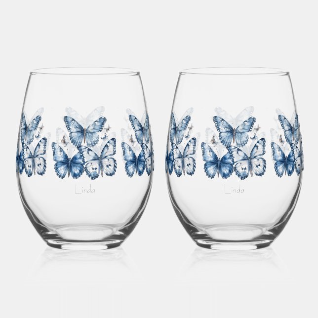 Butterflies in Delft Blue, customizable Stemless Wine Glass (Front)